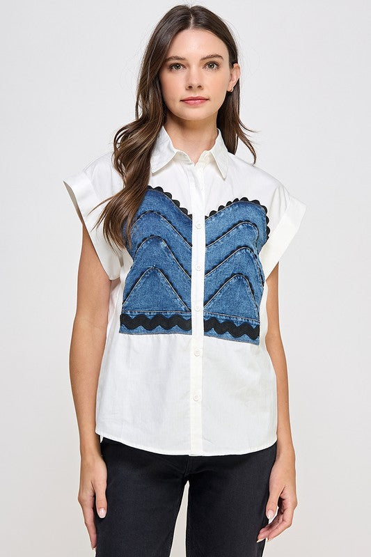 Denim White Button Top