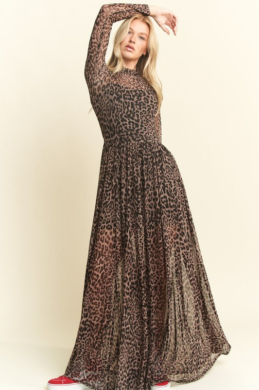 Mock Neck Animal Print Mesh Dress