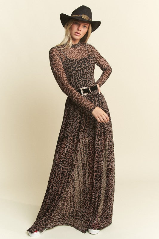 Mock Neck Animal Print Mesh Dress