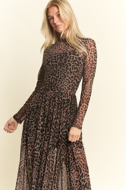 Mock Neck Animal Print Mesh Dress