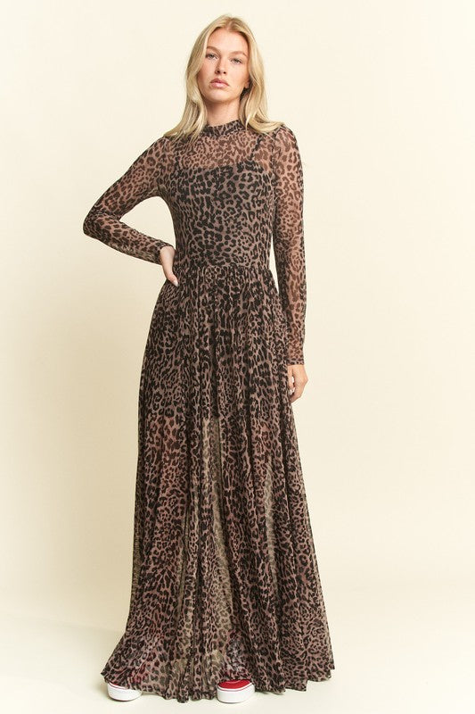 Mock Neck Animal Print Mesh Dress