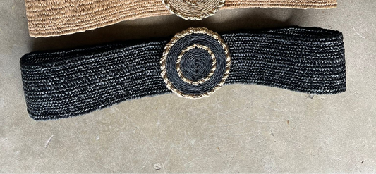 Accessories-Round Buckle Raffia Black Belt