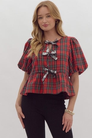 Jolly Plaid Bow Top