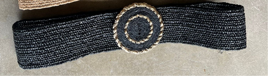 Accessories-Round Buckle Raffia Black Belt